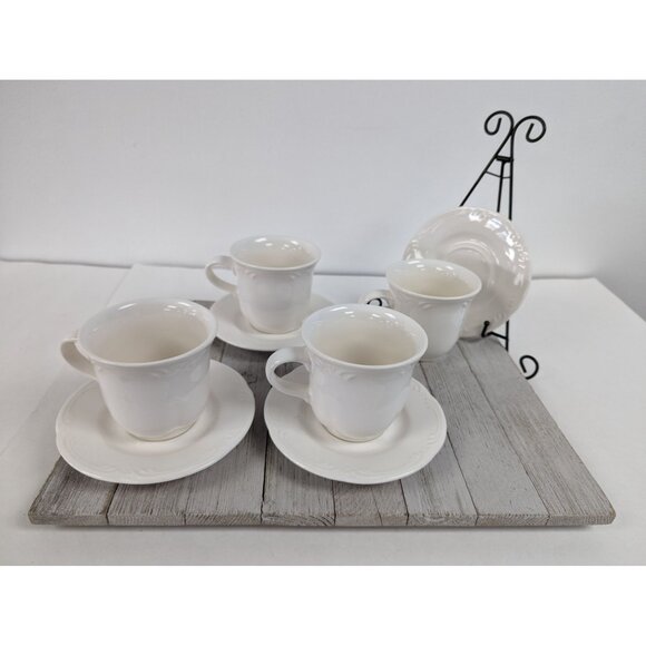 Pfaltzgraff Filigree White Coffee Tea Cups Mugs and Saucers Set of 4 - Picture 1 of 8